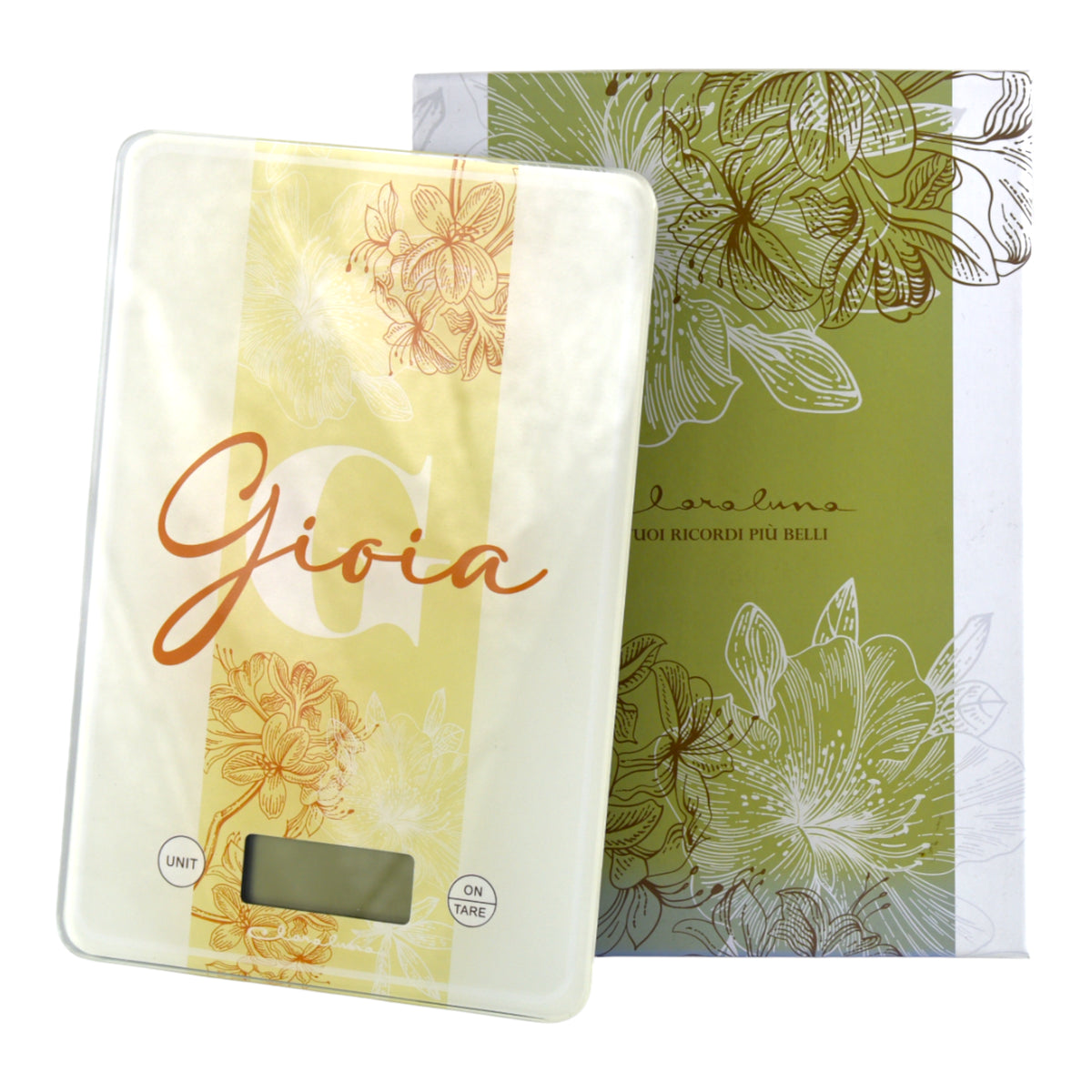 Bilancia da Cucina Digitale Words of Joy Felicità Gioia con design calligrafico e scatola regalo in vetro.