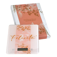 Bilancia da Cucina Digitale Words of Joy Felicità Gioia con scatola regalo, design elegante e grafica calligrafica.