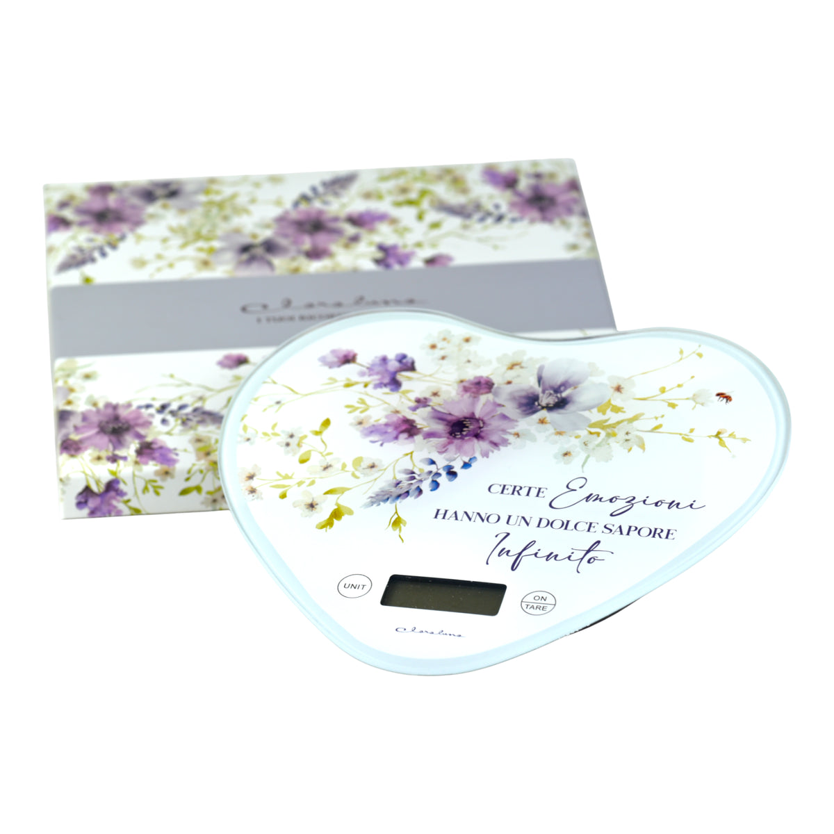 Bilancia da Cucina Digitale a Cuore Emozioni con grafica floreale e scatola regalo decorativa.