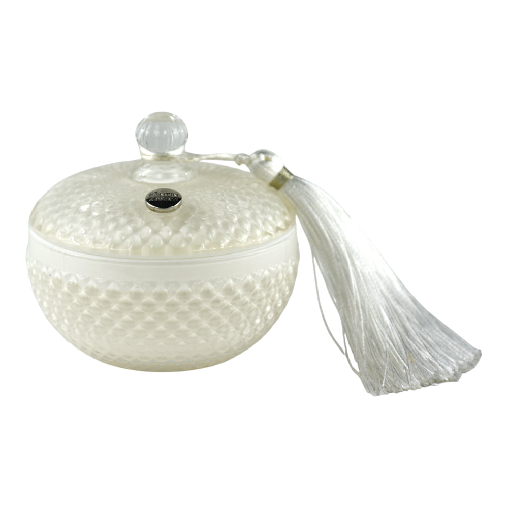 Candela Profumata in Vetro Jewel con Nappina elegante in vetro bianco con coperchio e pomello effetto cristallo.