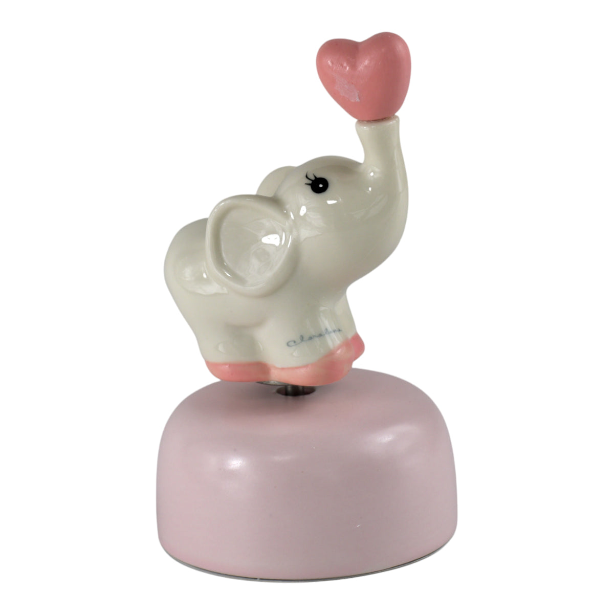 Carillon Sogni d'Oro Elefantino con elefantino in ceramica bianca e base rosa, design Claraluna.