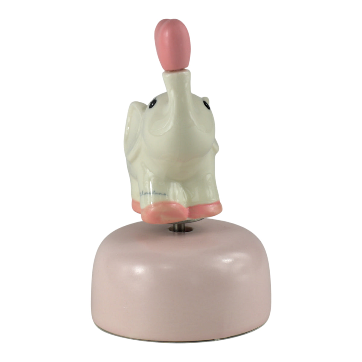 Carillon Sogni d'Oro Elefantino in ceramica bianca lucida con base rosa, design Claraluna.