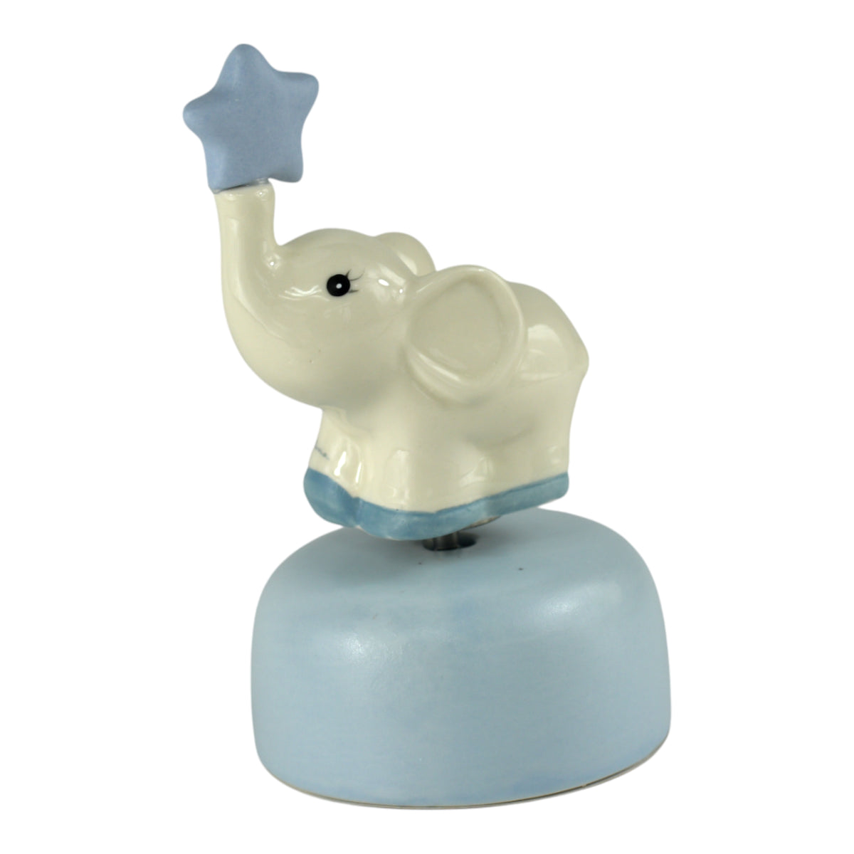 Carillon Sogni d'Oro Elefantino, carillon con elefantino in ceramica bianca e base blu con stella azzurra.