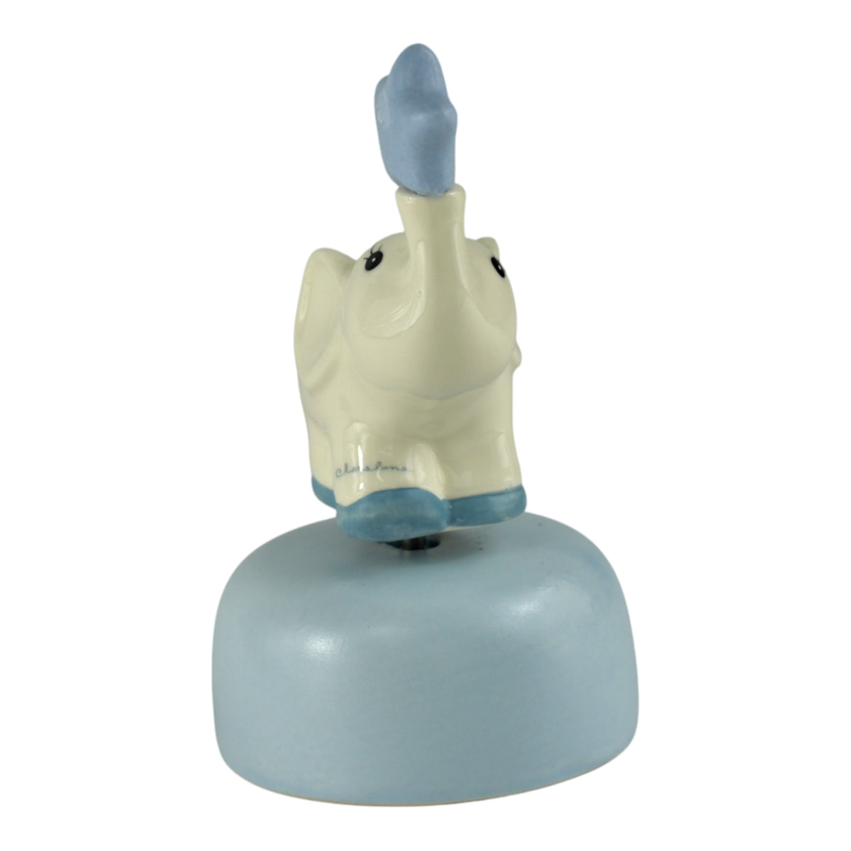 Carillon Sogni d'Oro Elefantino in ceramica bianca lucida con base blu, design Claraluna.