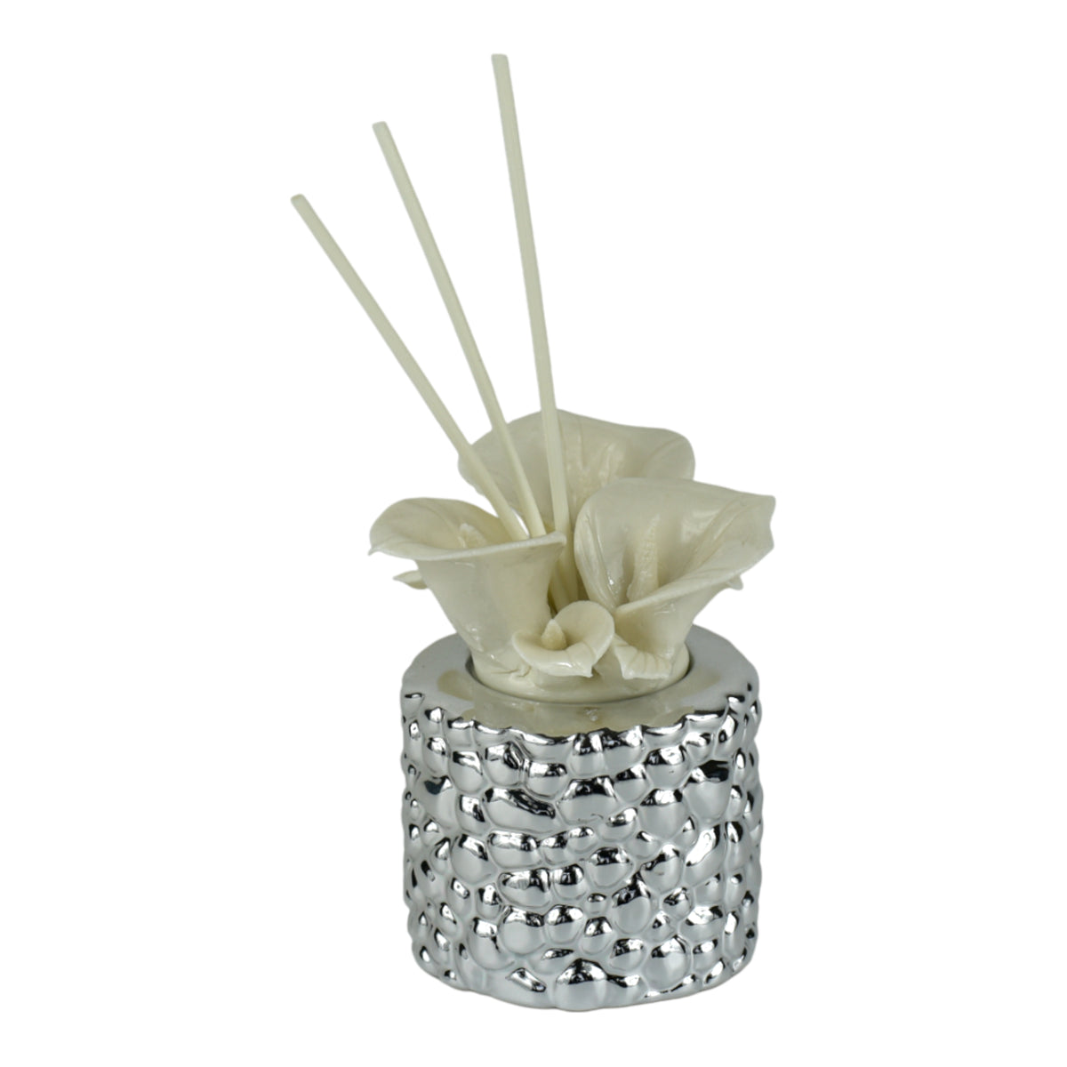 Diffusore Incanto di Calle Base Argento e Porcellana con raffinate Calle in porcellana bianca.