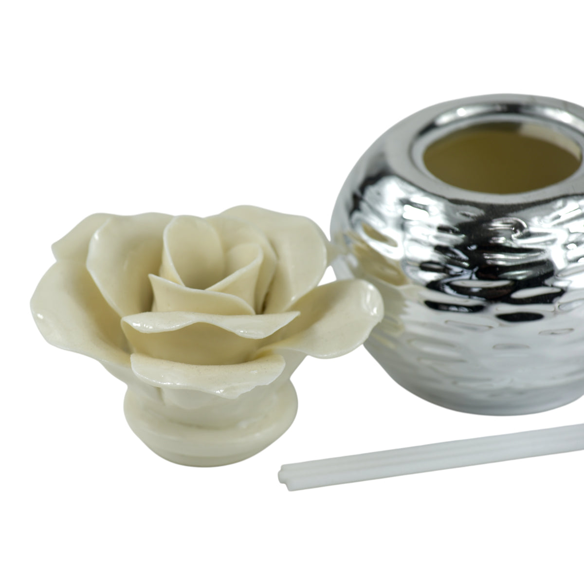 Diffusore Rose Passion Base Argento e Porcellana con rosa in porcellana bianca e base in argento
