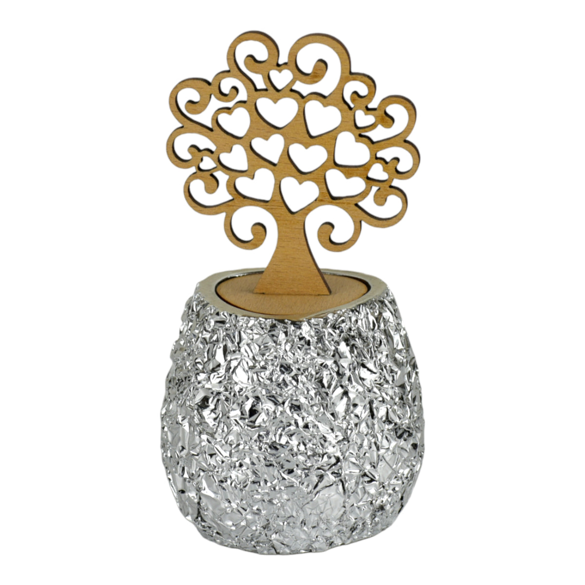 Diffusore Silver Tree in Resina Argentata con Albero in Legno con albero in legno e base argentata.