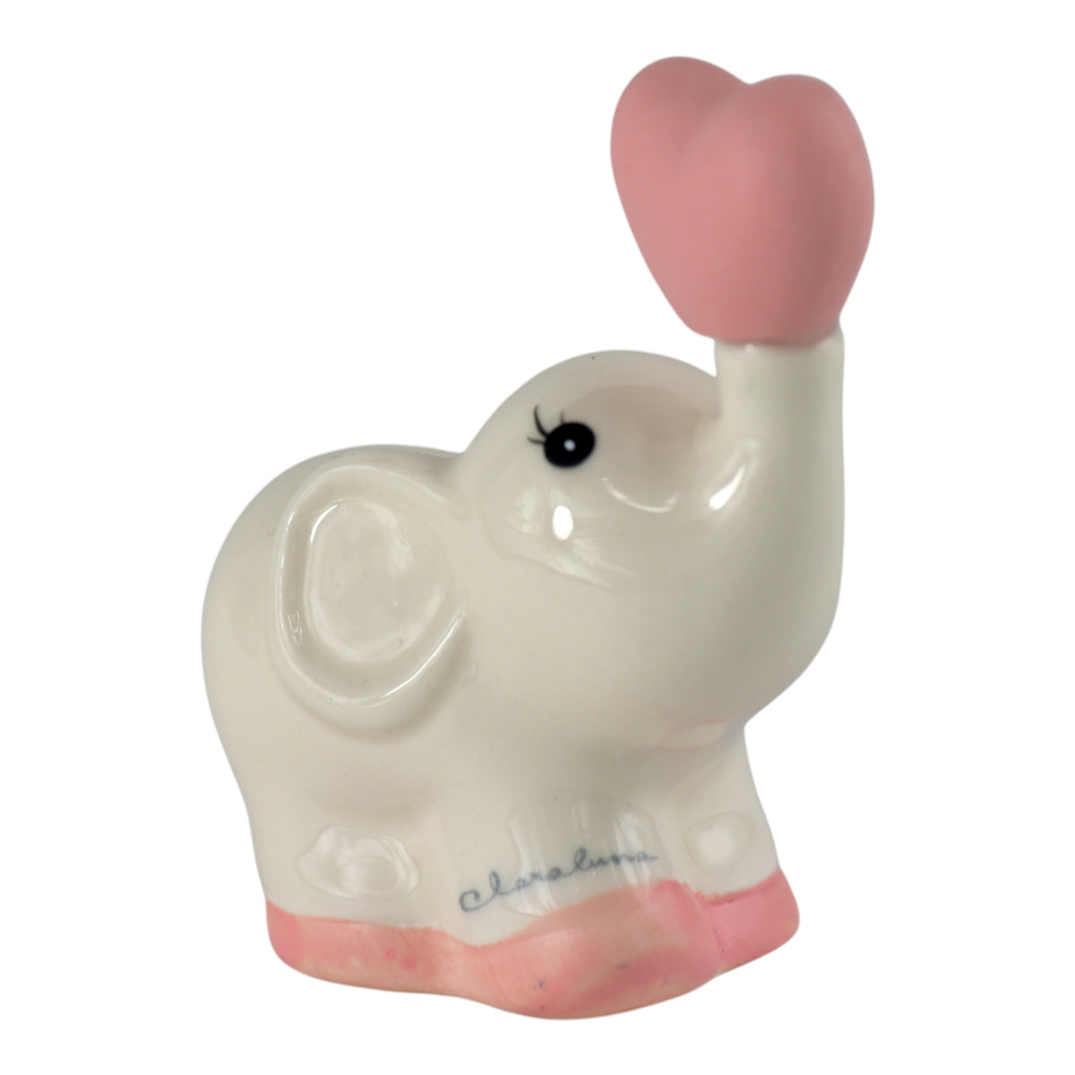 Elefantino Cuore Rosa in Ceramica, elefante bianco lucido con cuore rosa, simbolo d'amore e protezione.