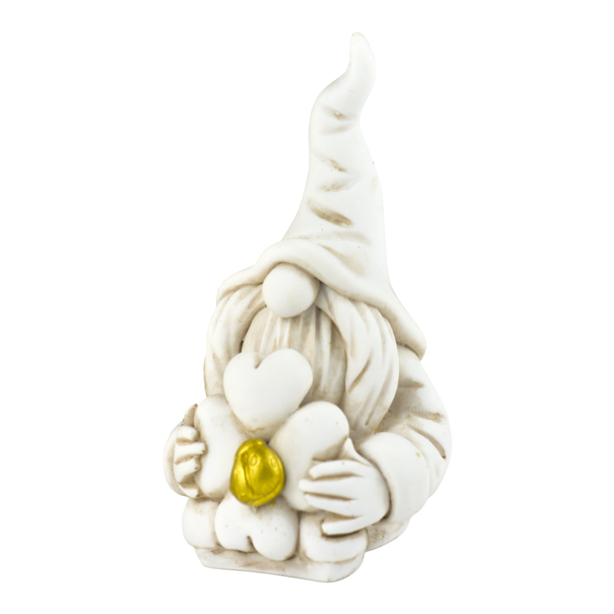 Gnomo Doppia Fortuna con Quadrifoglio in Pietra Leccese, scultura di 9 cm con dettagli in oro.