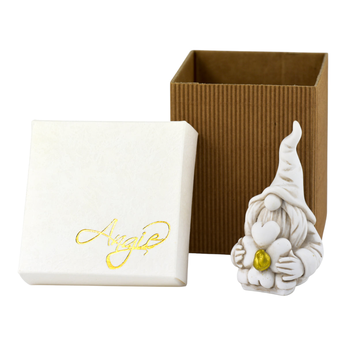 Gnomo Doppia Fortuna con Quadrifoglio in Pietra Leccese in confezione regalo, altezza 9 cm, design Claraluna.