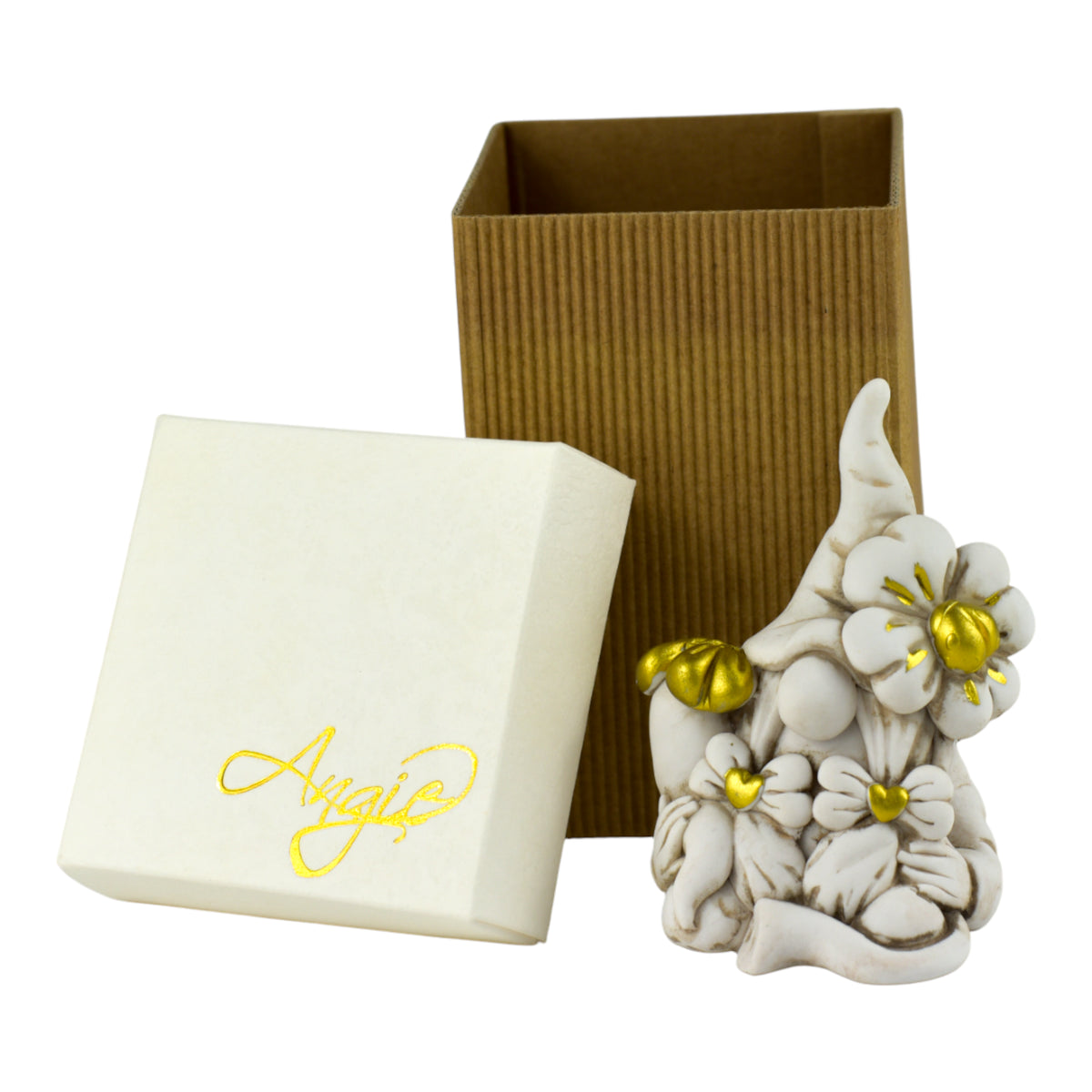 Gnomo Natura in Fiore in Pietra di piuma Leccese con scatola di packaging, altezza 10 cm, design Claraluna.