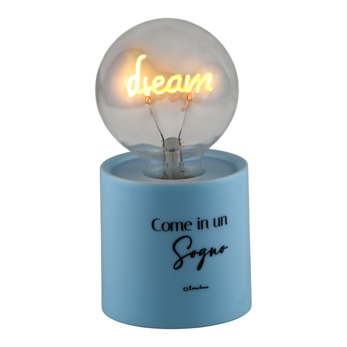 Lampada LED Dream - Atmosfera Magica in Azzurro Pastello con scritta 'dream' in una base azzurra.