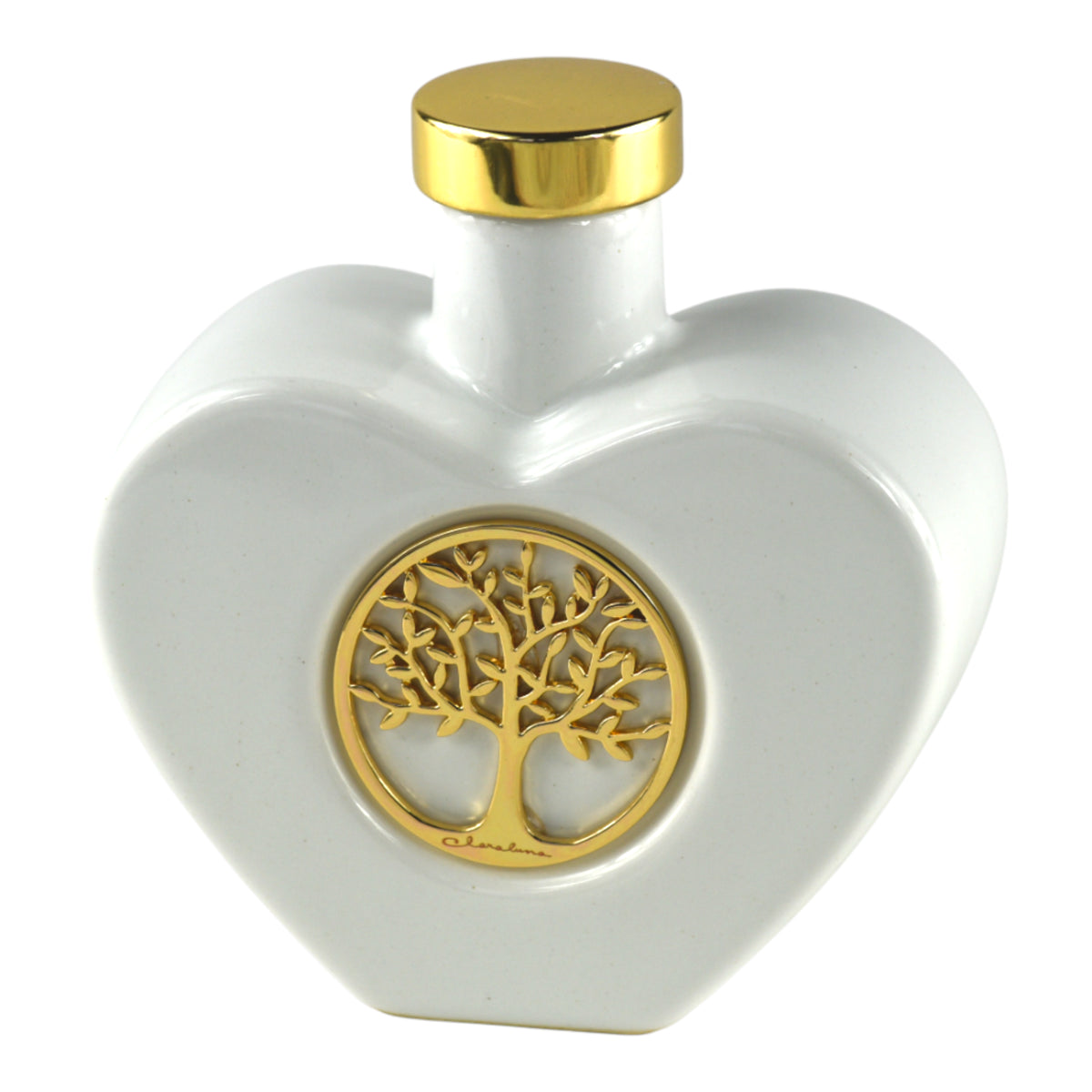 Oliera a Cuore Golden Life con Albero della Vita in porcellana bianca con medaglione dorato e tappo dorato.