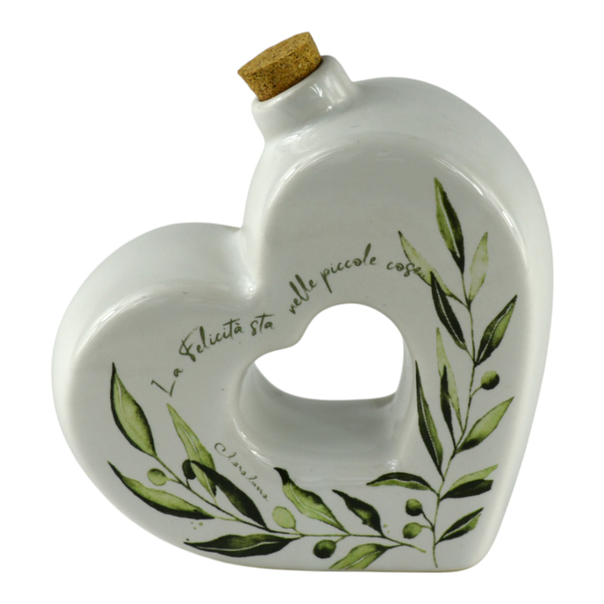 Oliera a Cuore Piccole Cose con Tappo in Sughero decorata con rami di ulivo e messaggio di felicità.