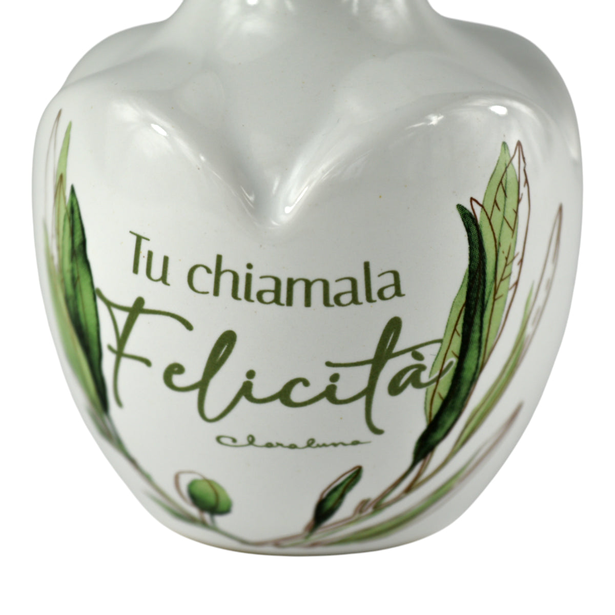 Oliera Felicità in Porcellana con Tappo Oro decorata con rametti di ulivo e la frase 'Tu chiamala Felicità'.