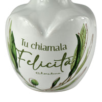 Oliera Felicità in Porcellana con Tappo Oro decorata con rametti di ulivo e la frase 'Tu chiamala Felicità'.