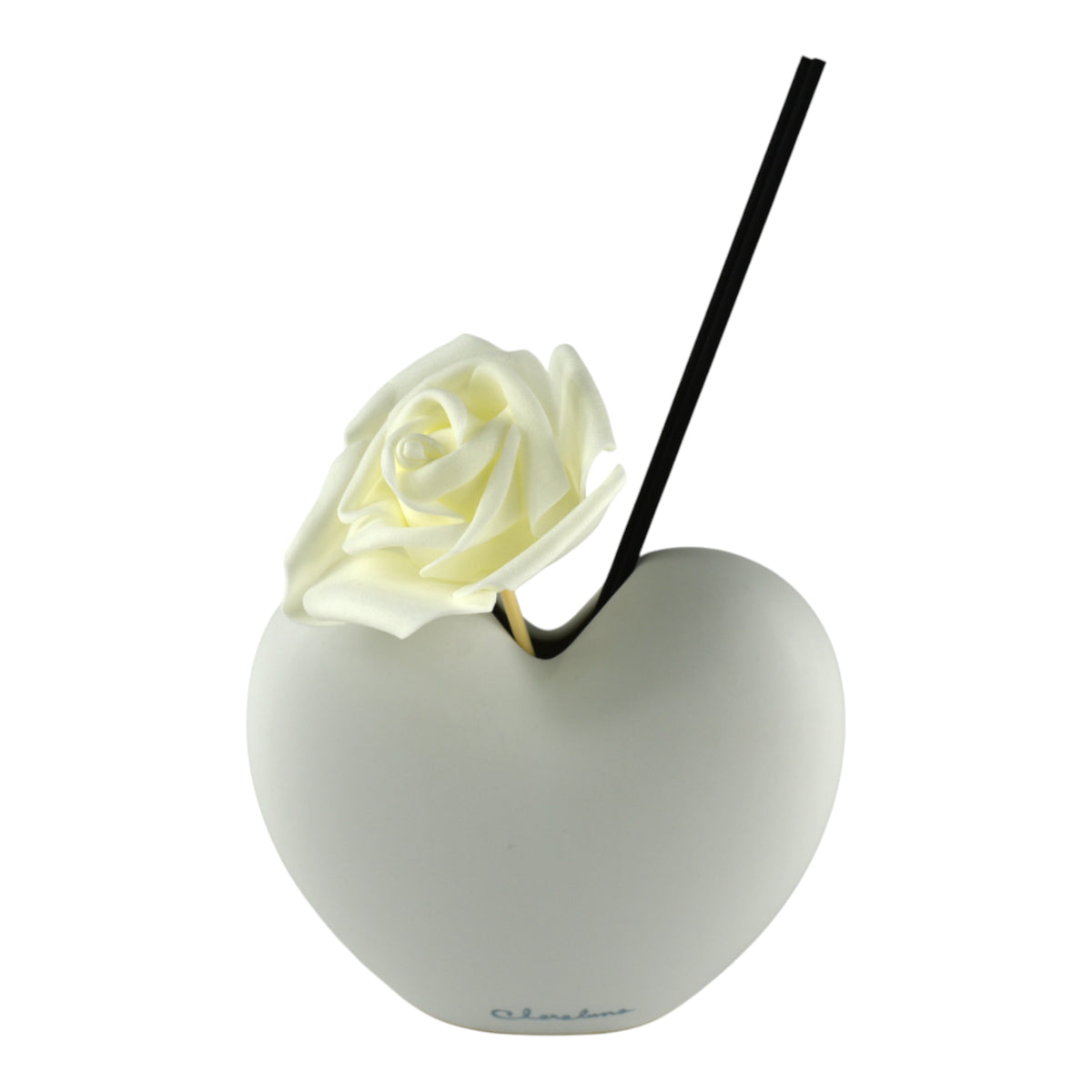 Profumatore Pure Heart con Rosa Bianca in ceramica bianca a forma di cuore con rosa decorativa.