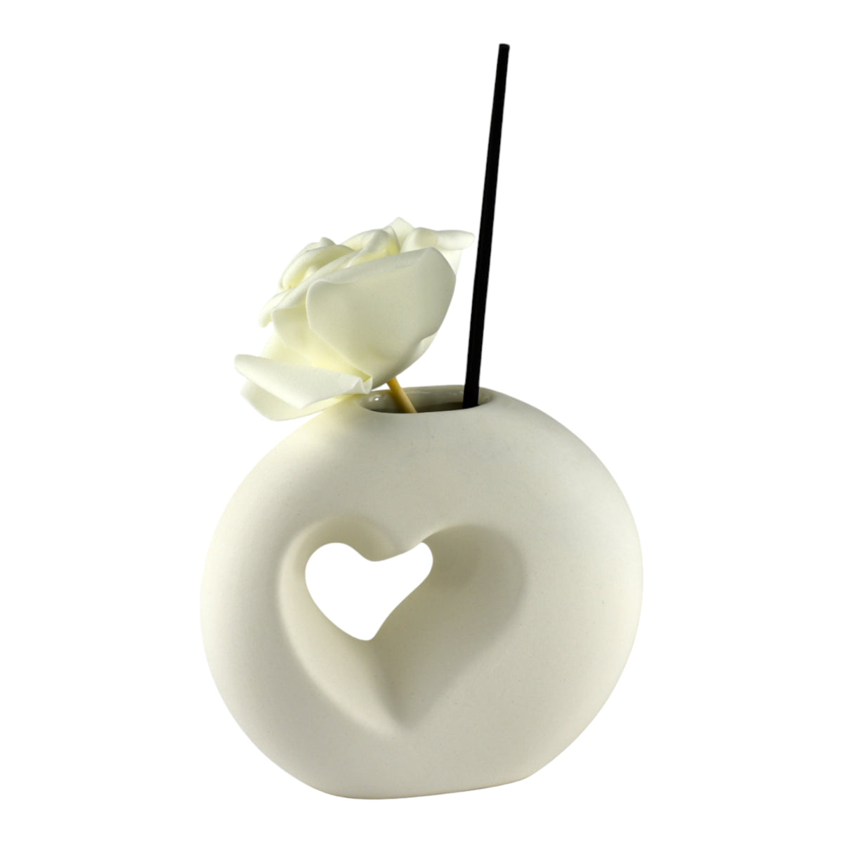 Profumatore Tondo Love Circle con Rosa in ceramica bianca opaca e cuore intagliato.