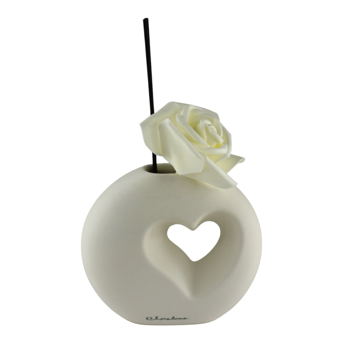Profumatore Tondo Love Circle con Rosa in ceramica bianca con cuore e rosa decorativa.