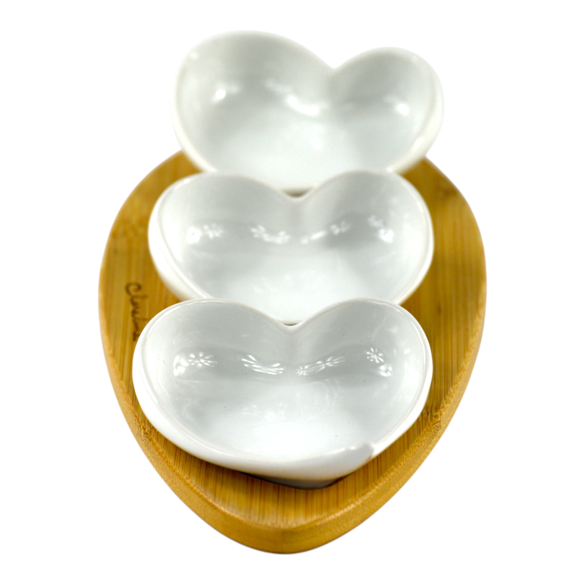 Set Aperitivo Modern Trio con 3 Ciotoline in porcellana bianca su base in legno naturale.