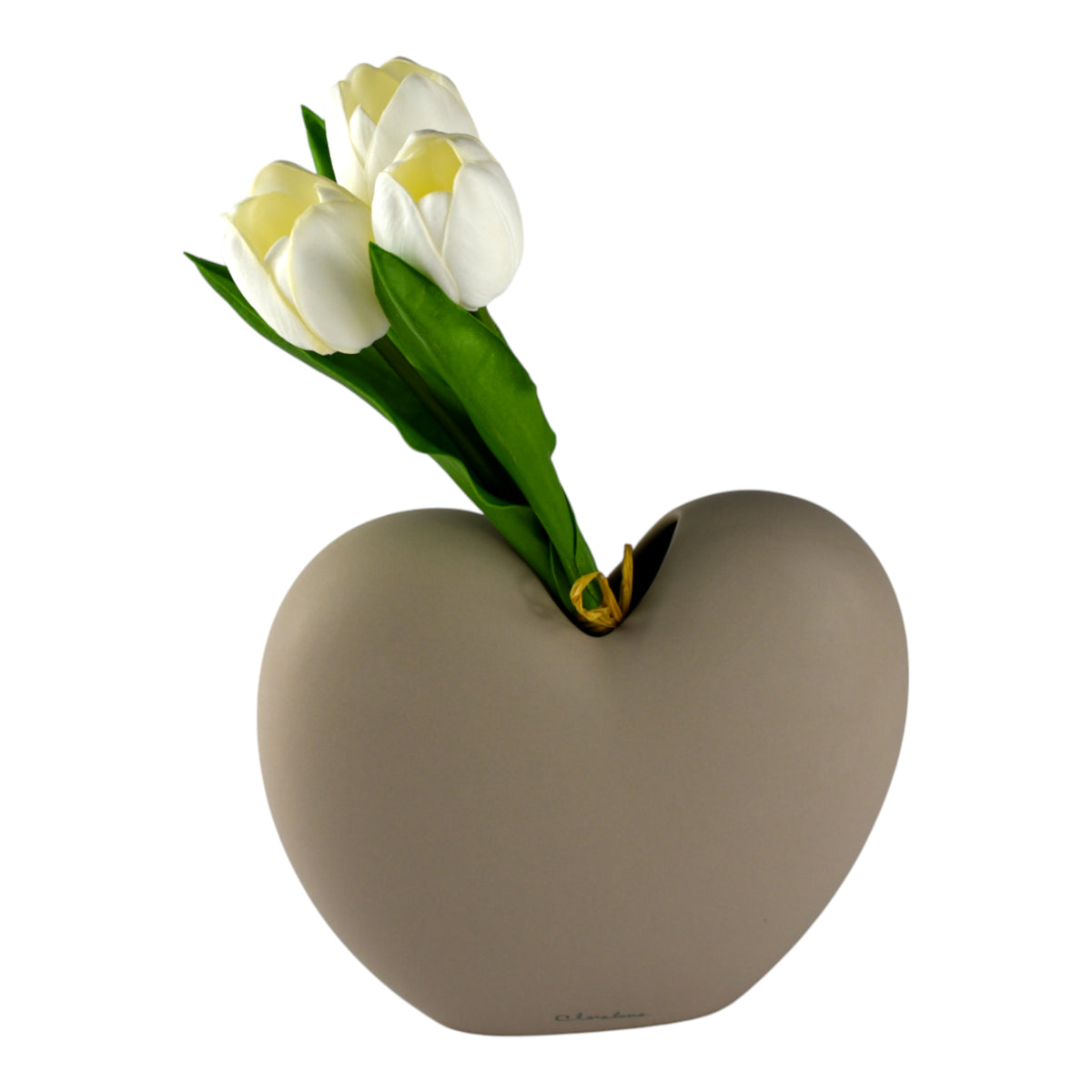 Vaso a Cuore Sweet Love in Ceramica Tortora con tulipani bianchi, elegante design romantico.